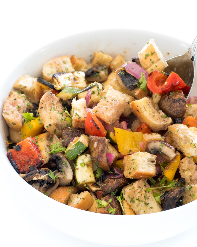 Panzanella salad with grilled vegetables in serving bowl