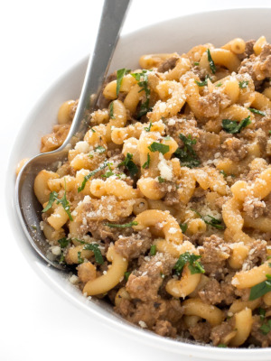 top view of hamburger helper with spoon