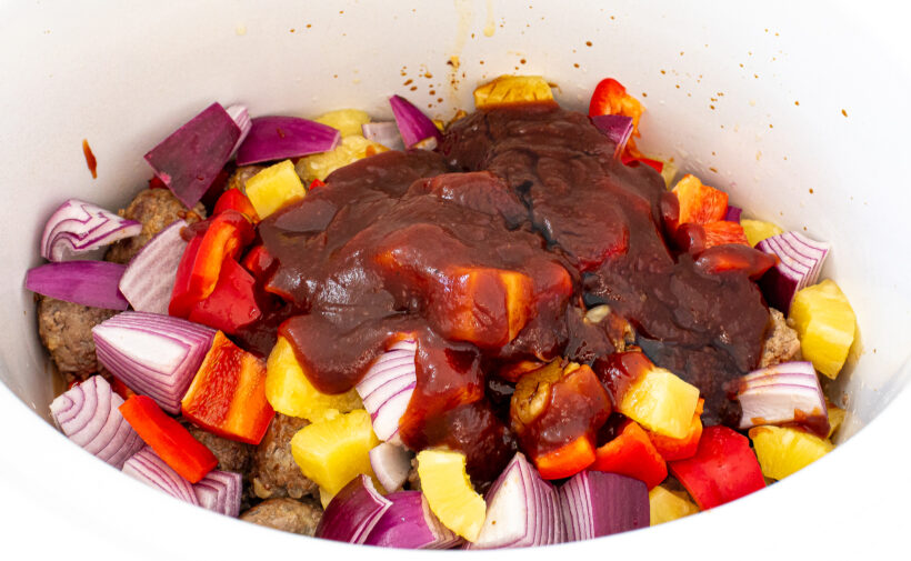 Ingredients for slow cooker hawaiian meatballs in a crockpot.