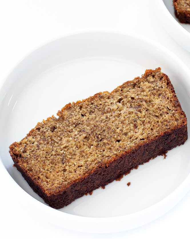 Piece of banana bread on a plate.