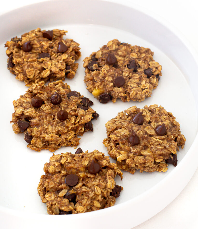 Healthy banana cookies on a white plate to be served. 