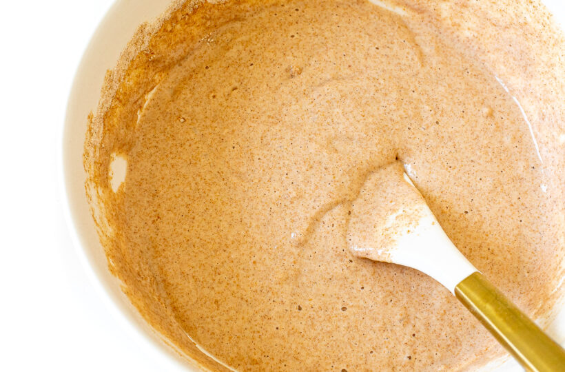 overhead shot of healthy pancake batter in white bowl