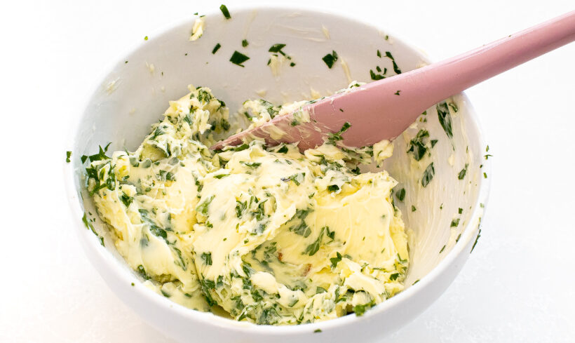 Butter garlic herb mixture in a bowl. 