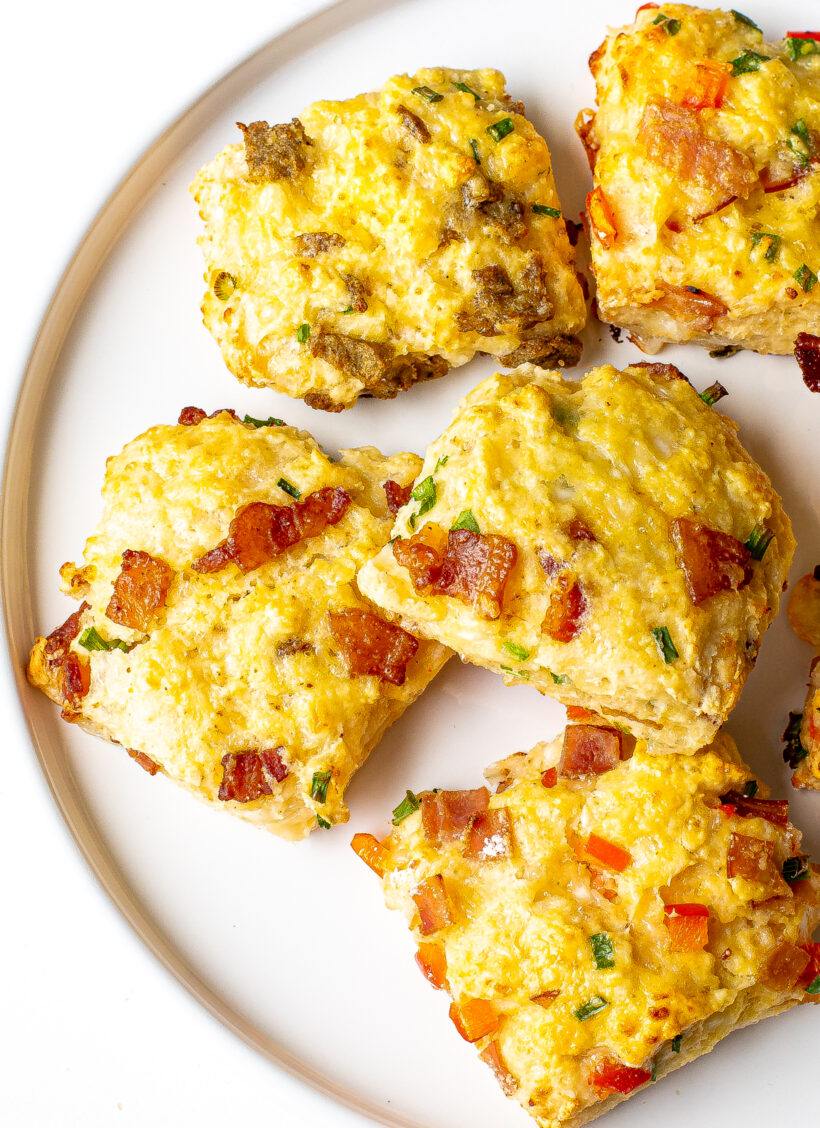 Breakfast biscuits on a white plate.