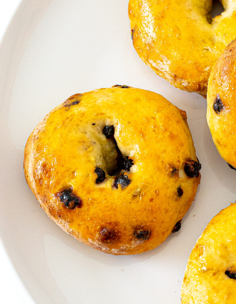 A high protein blueberry bagel on a white plate.