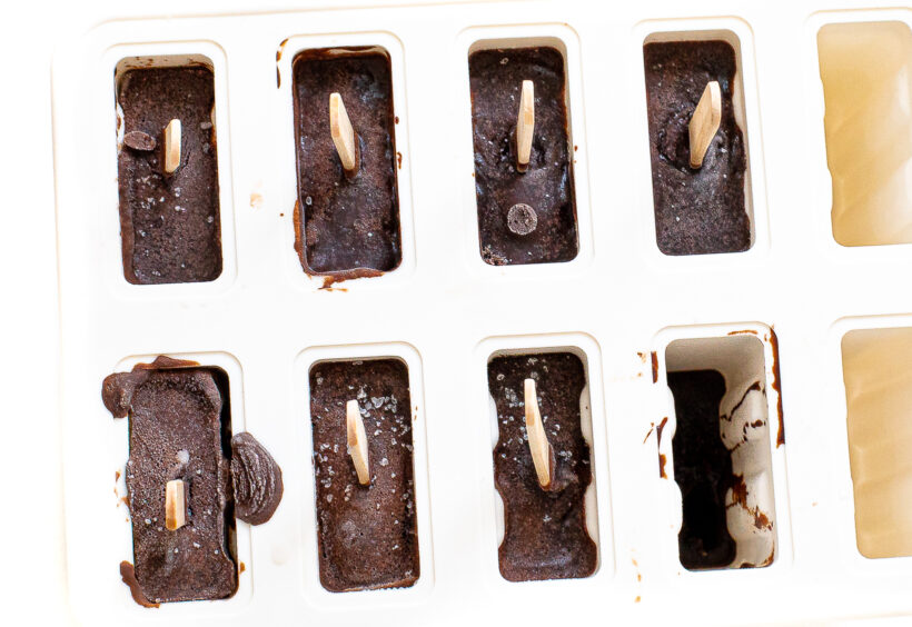 Homemade fudgesicles in a silicone mold.
