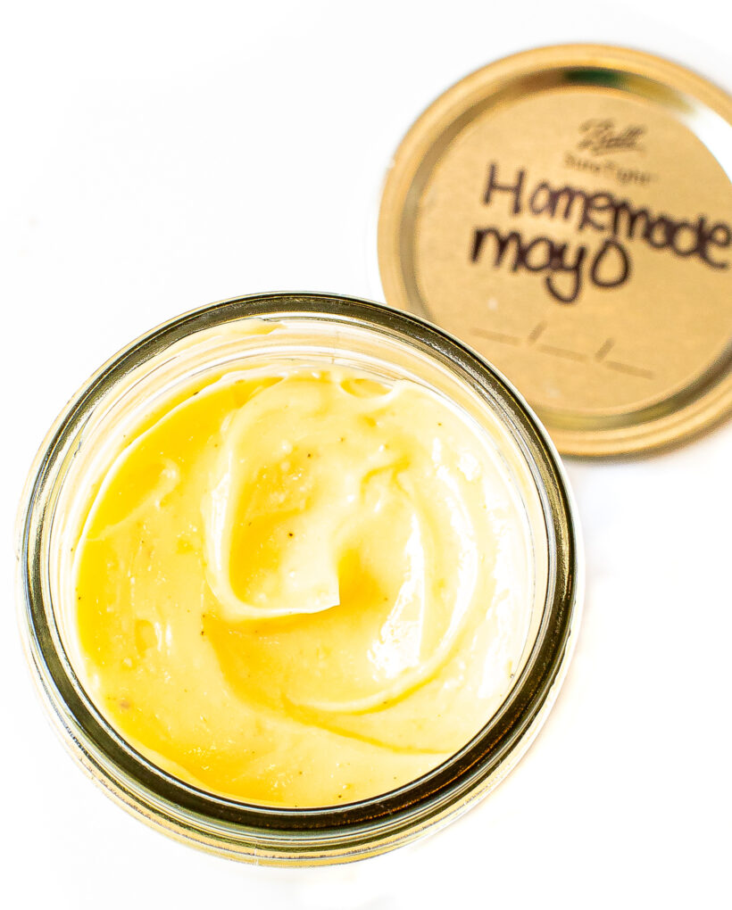 Homemade mayo in a mason jar.