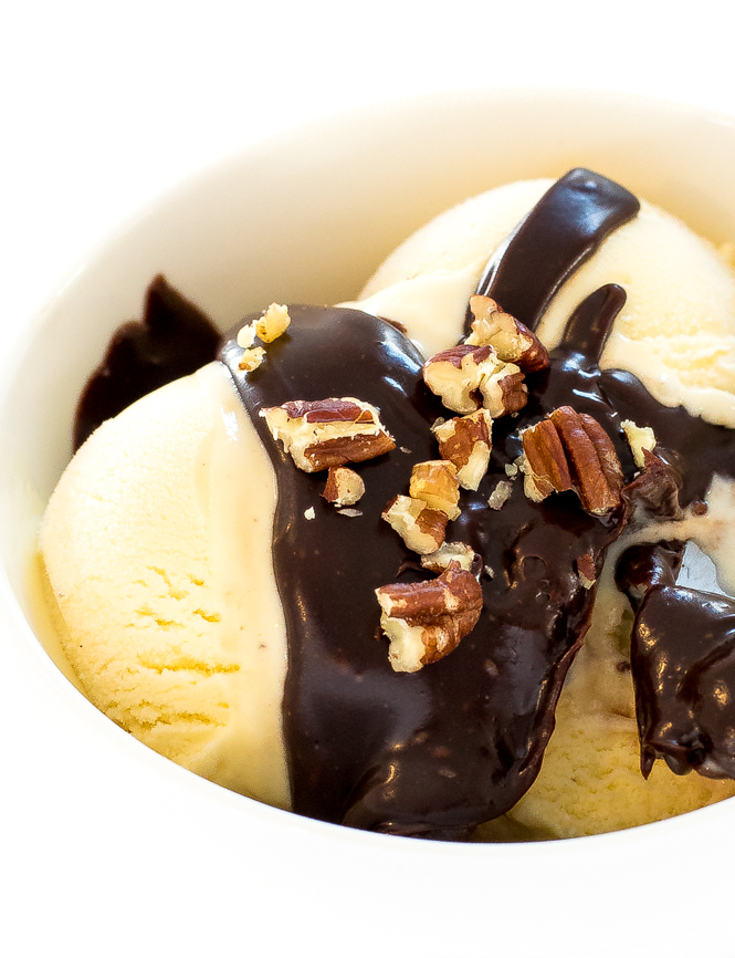 Vanilla ice cream with homemade chocolate sauce and chopped walnuts 