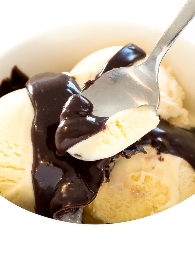 Vanilla ice cream with homemade chocolate sauce drizzled on top