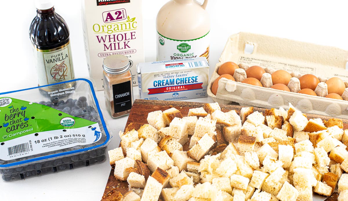 ingredients for overnight blueberry French toast bake