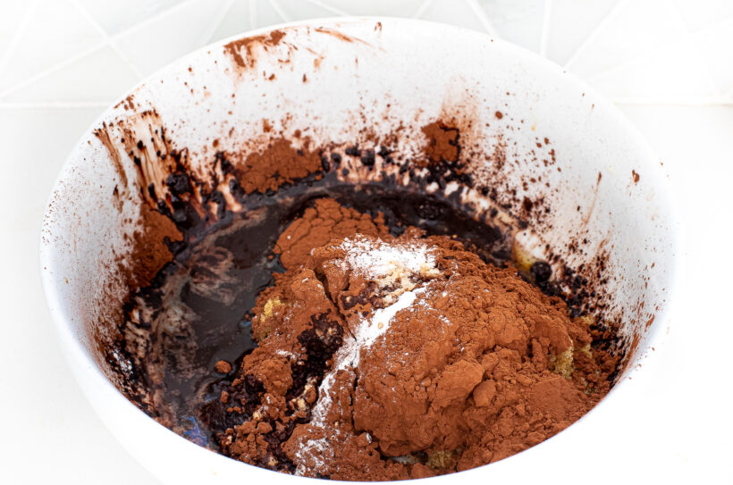 brownie ingredients in large white bowl