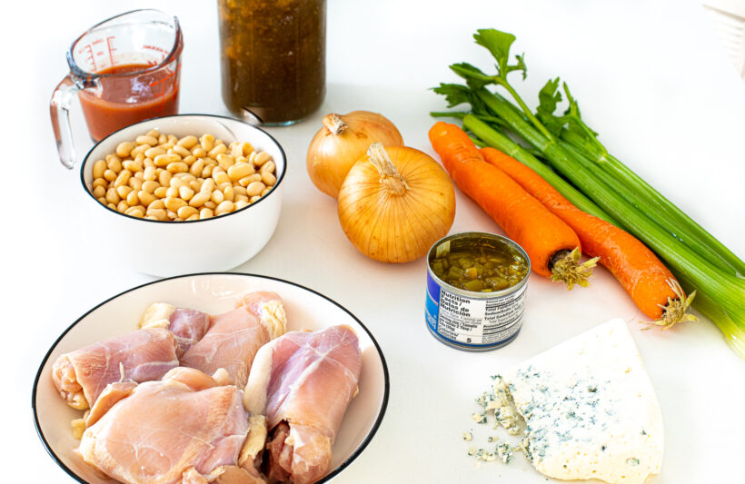 Ingredients laid out for buffalo chicken chili.