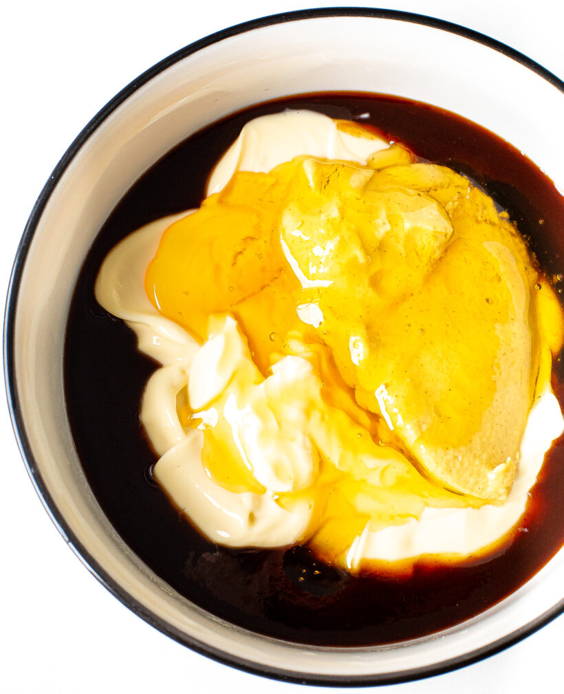 Ingredients for chick fil a sauce recipe in a mixing bowl.