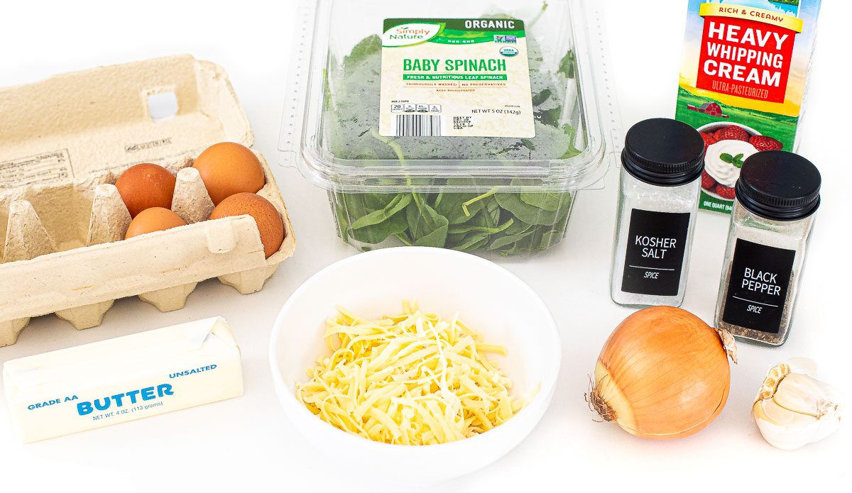 crustless spinach quiche ingredients on countertop 
