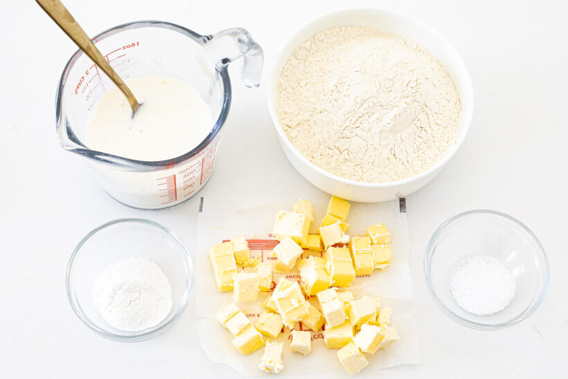 Ingredients needed for drop biscuits. 