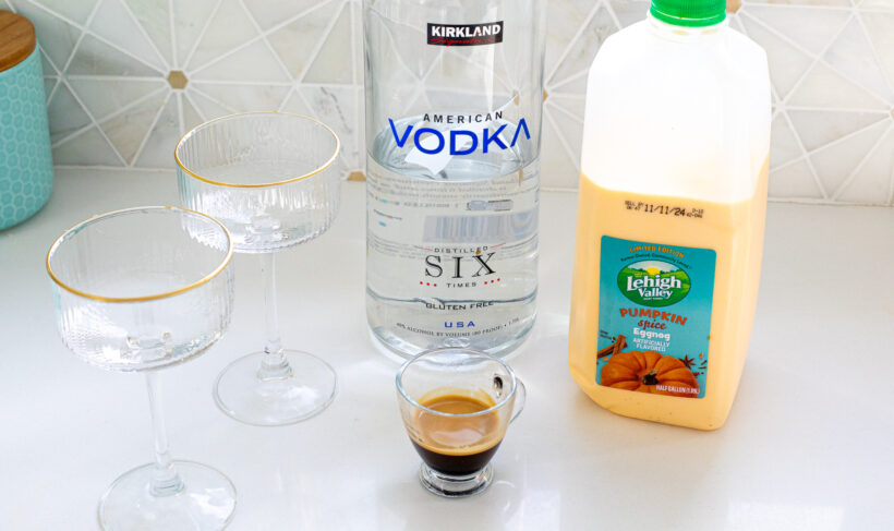 Ingredients for pumpkin spice eggnog martini.