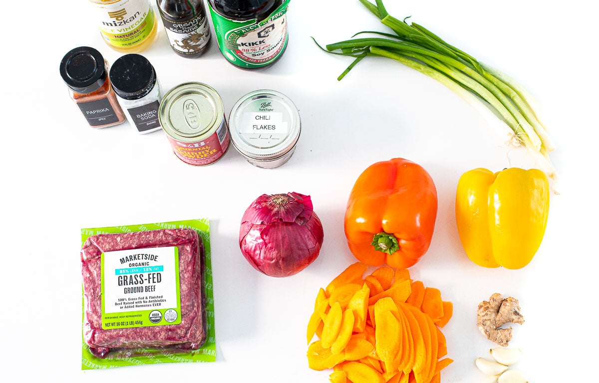 ground beef stir fry ingredients on white counter top