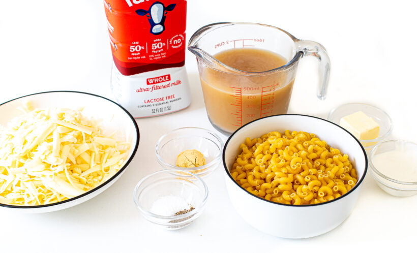 Ingredients laid out for instant pot mac and cheese.