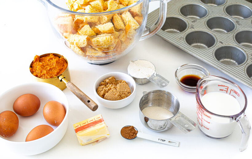 Ingredients for pumpkin french toast muffin cups.