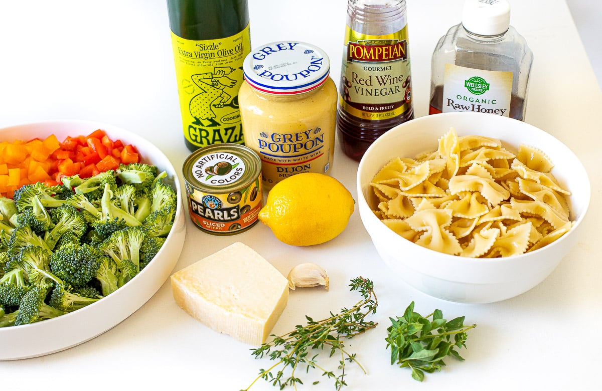ingredients for roasted vegetable pasta salad