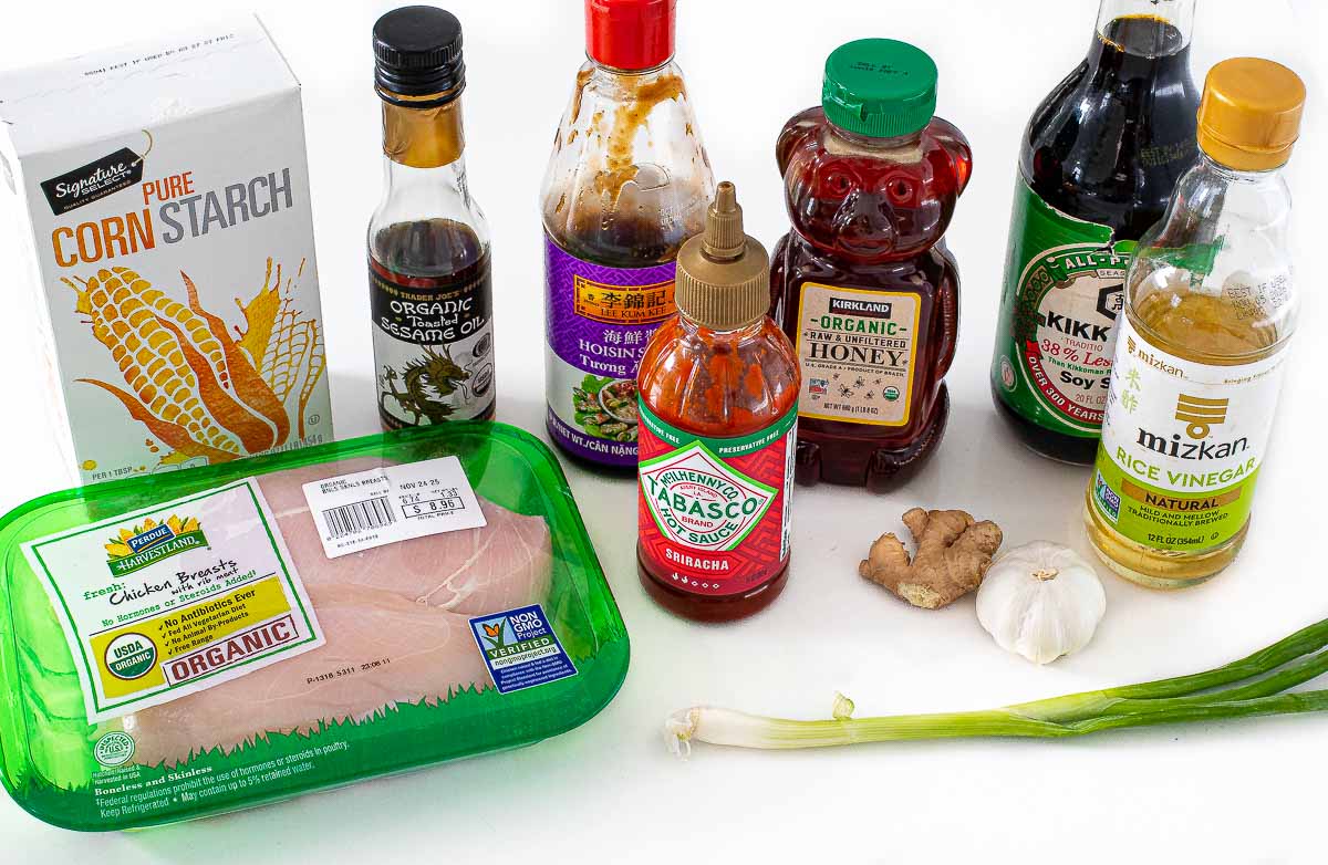 ingredients for slow cooker honey garlic chicken on white countertop