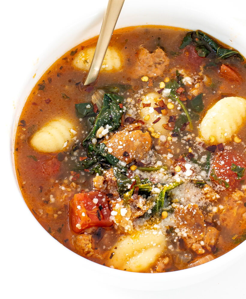 overhead shot of italian gnocchi soup