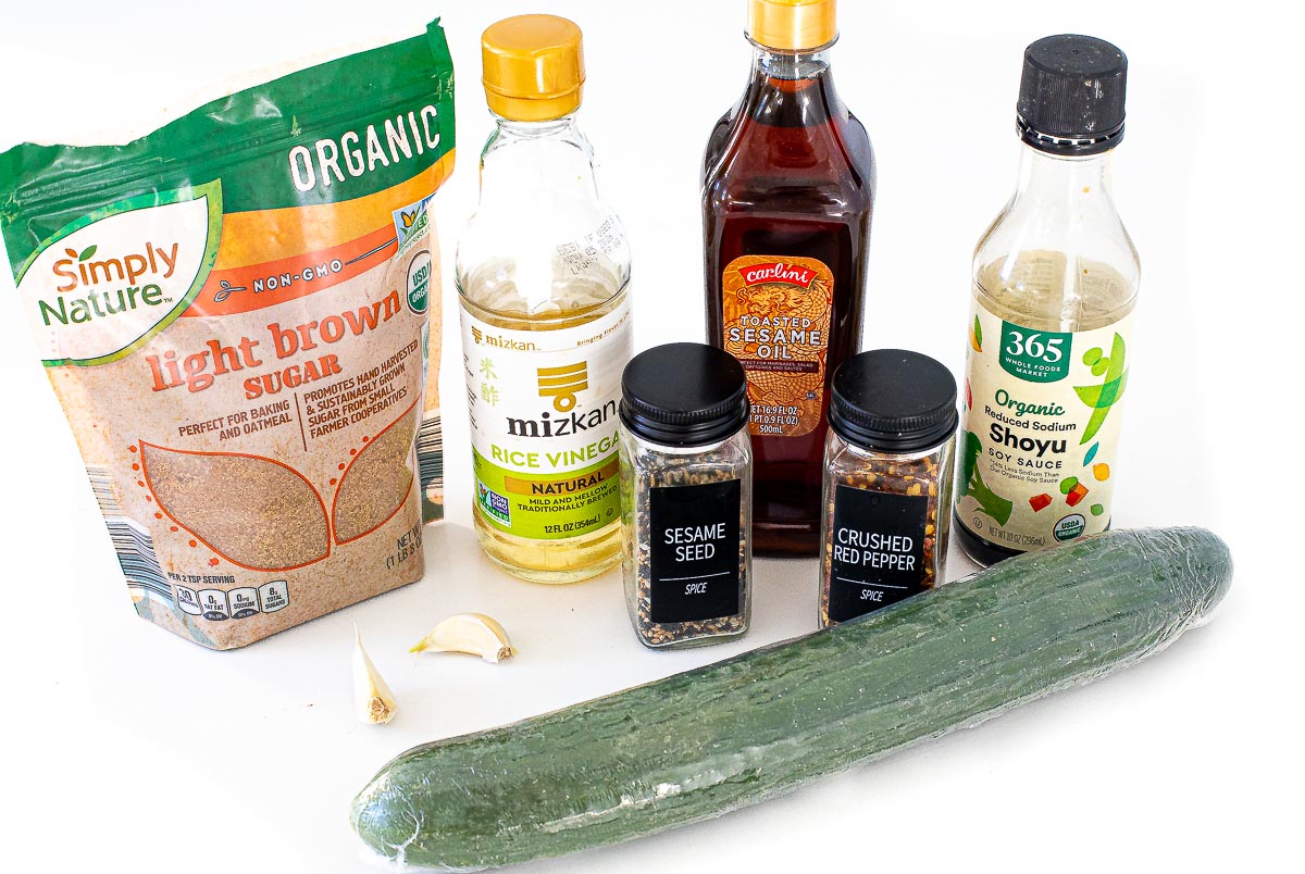 Japanese cucumber salad ingredients on white counter