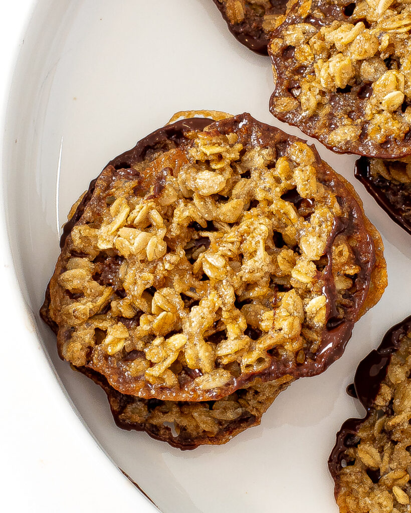 Close up shot of a oatmeal lace cookie. 