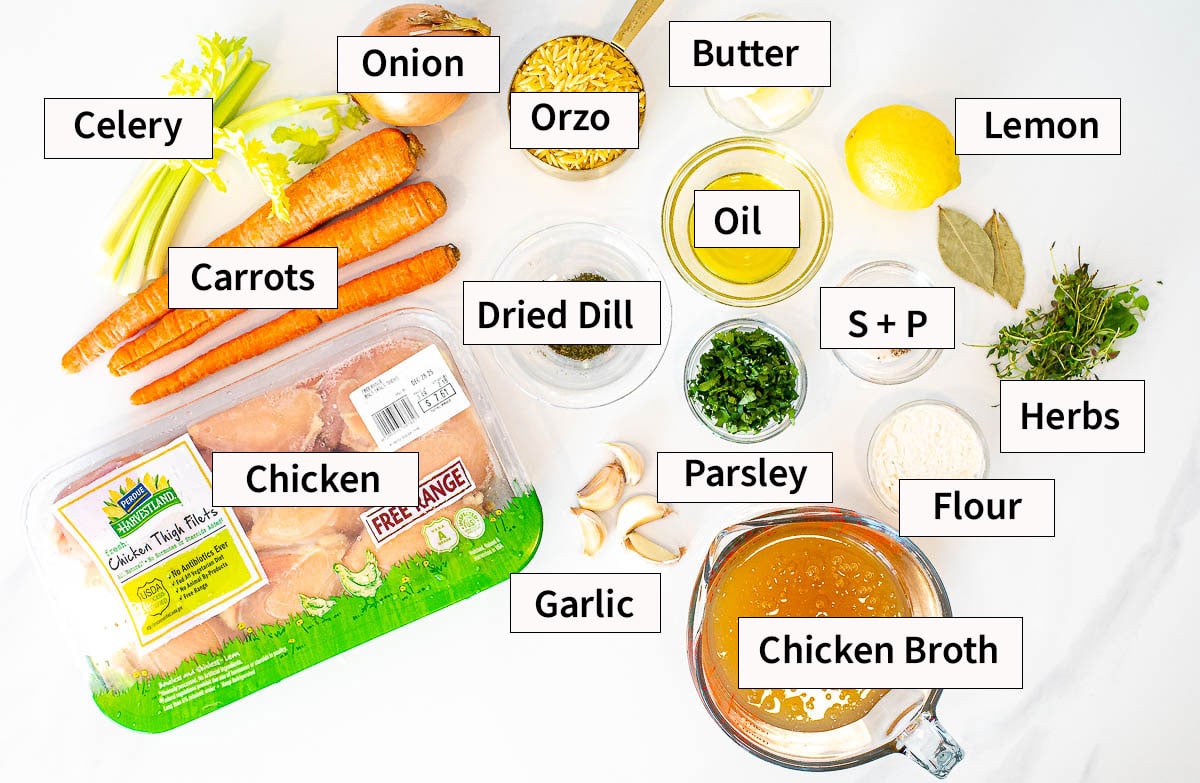 ingredients on marble counter for lemon chicken orzo soup