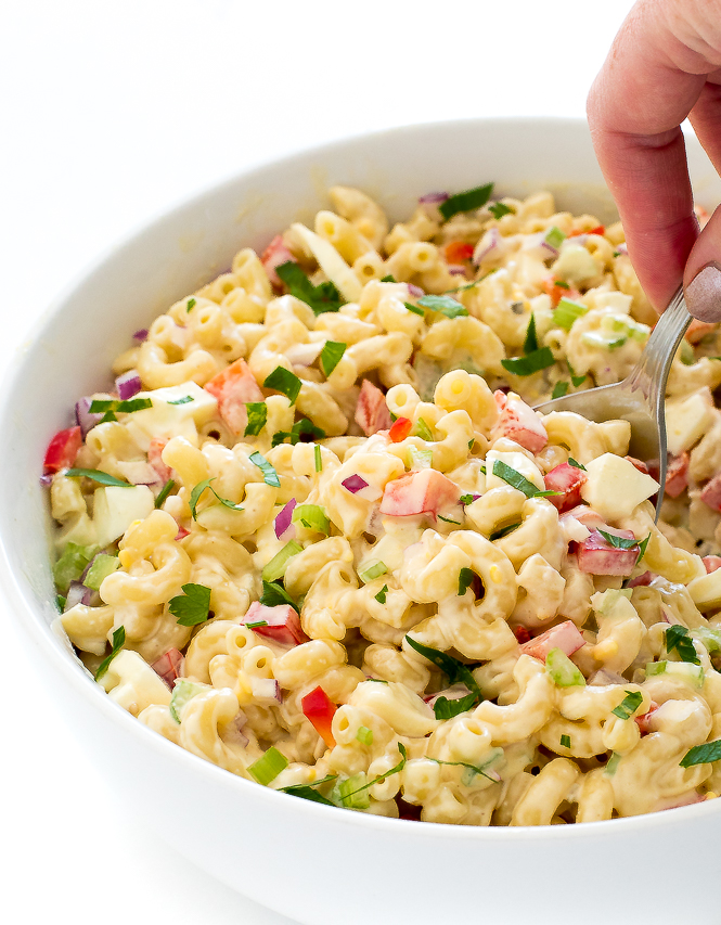 Macaroni Salad in a large white bowl