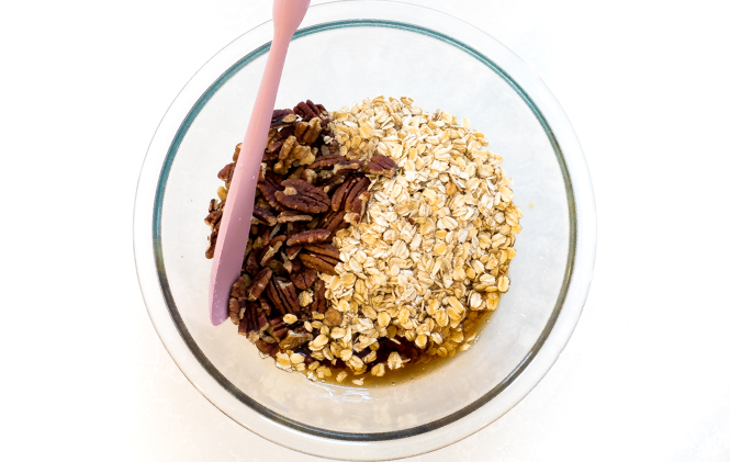 Maple Pecan Granola Ingredients in clear bowl Maple Pecan Granola Ingredients in clear bowl!