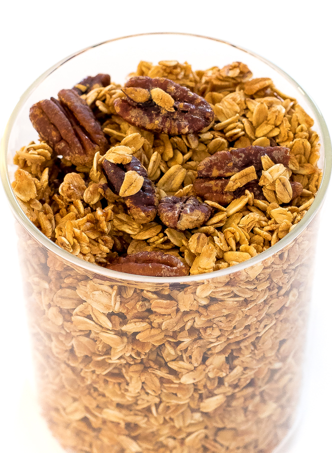 Maple Pecan Granola in a clear storage jar Maple Pecan Granola in a clear storage jar