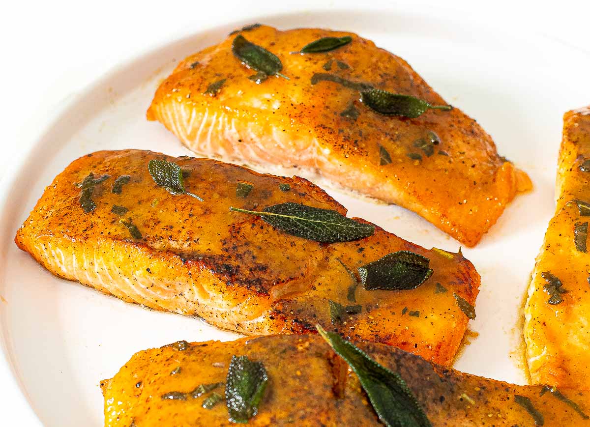 maple dijon salmon on white plate