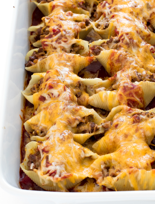 Mexican Stuffed Shells in white casserole dish