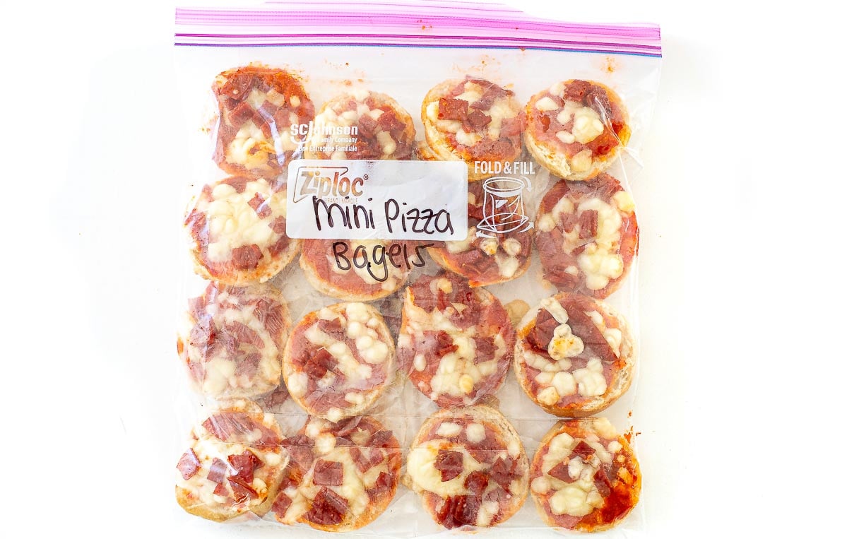 mini pizza bagels in large ziplock bag