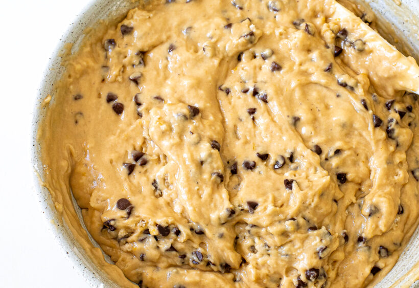 Muffin batter in a mixing bowl.