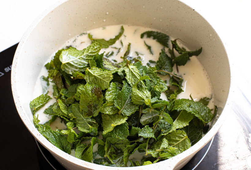Fresh mint in a saucepan with milk and sugar. 