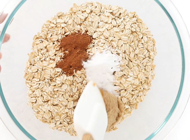 Combining dry ingredients in large mixing bowl. 