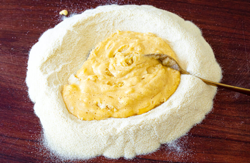 For mixing eggs in flour mound.