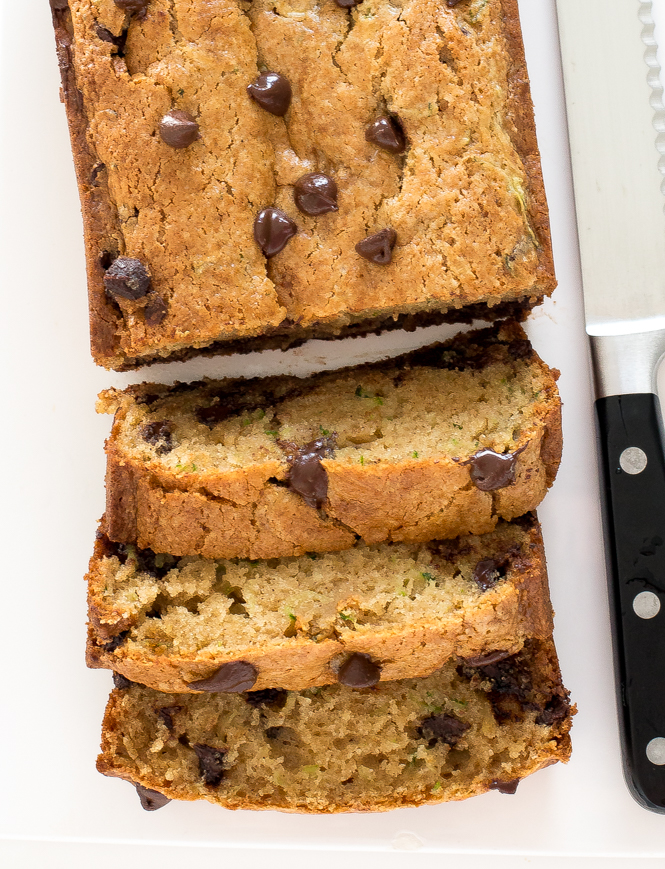 zucchini bread on white platter topped with chocolate chips