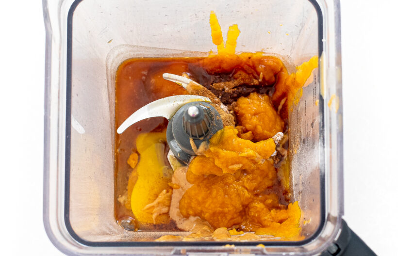 Ingredients for muffins in a blender.