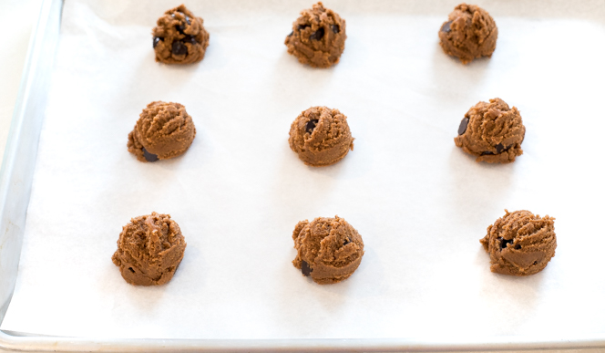 Nutella Chocolate Chip Dough Balls on cookie sheet 