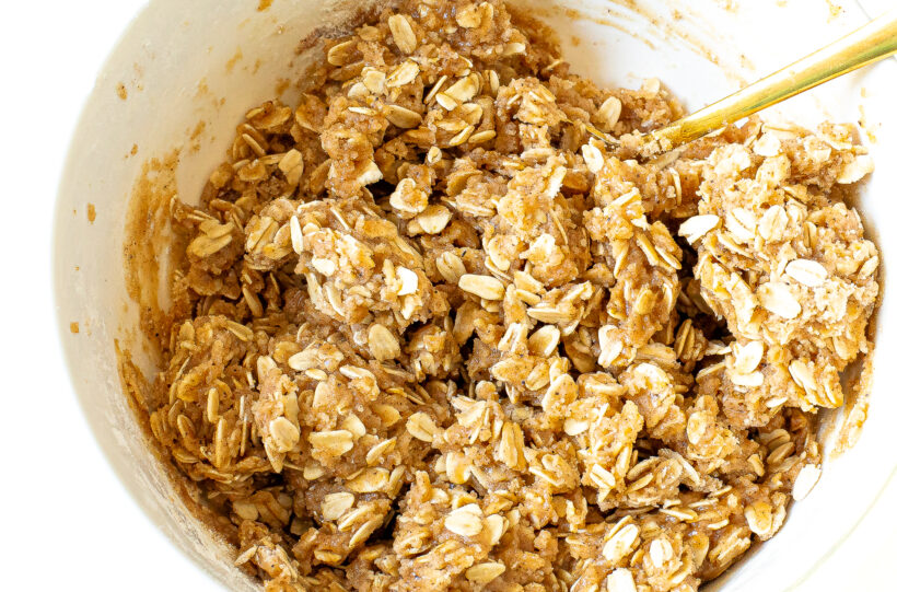 Crumb topping in a white mixing bowl.