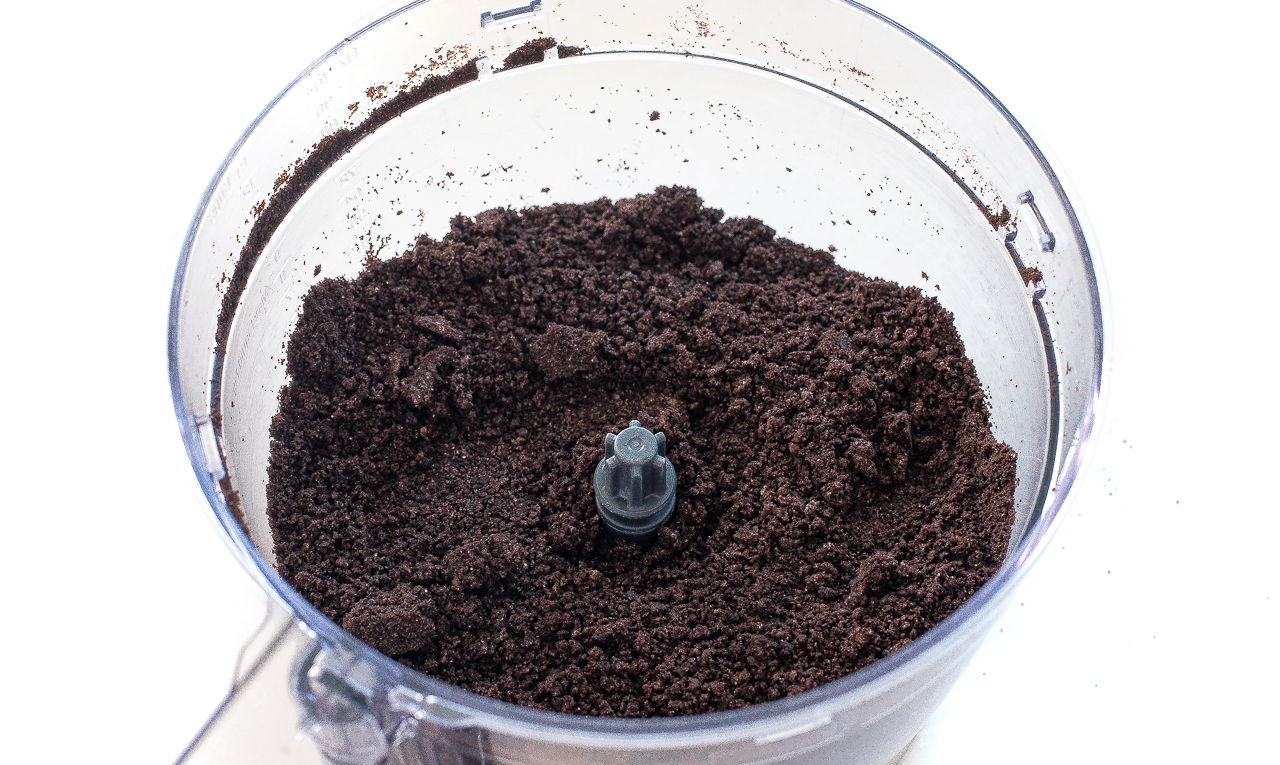 Oreo cookie crumbs in food processor