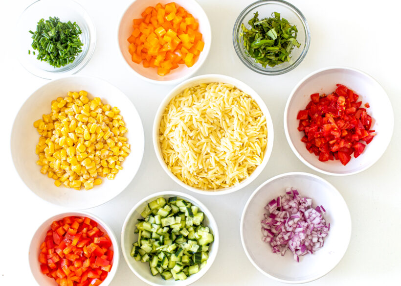 Ingredients needed for orzo pasta salad. 