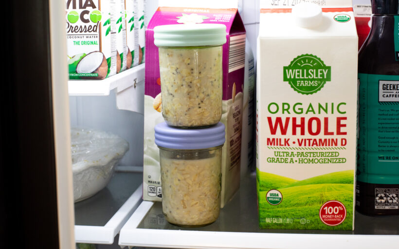 Overnight oats in a refrigerator.