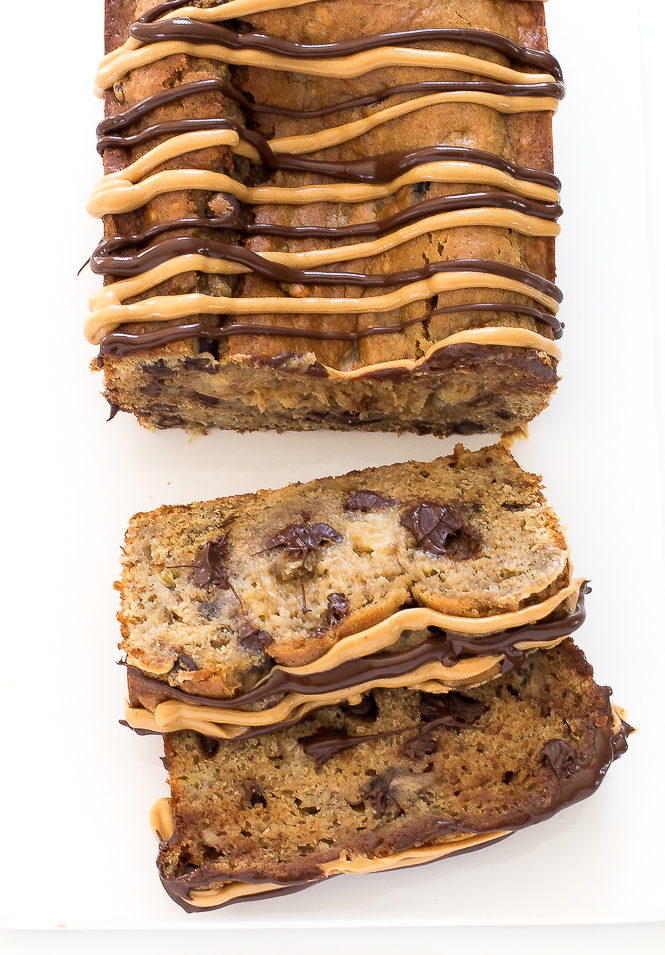 overhead shot of peanut butter banana bread with chocolate chips