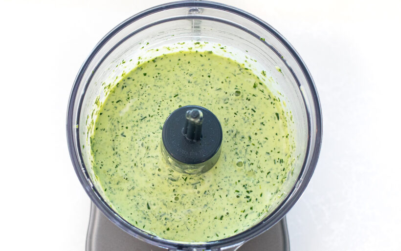 Green sauce in a food processor. 