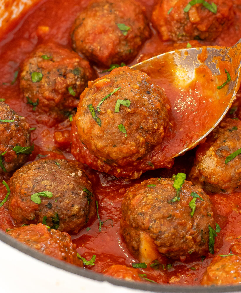 turkey pesto meatballs in homemade tomato sauce