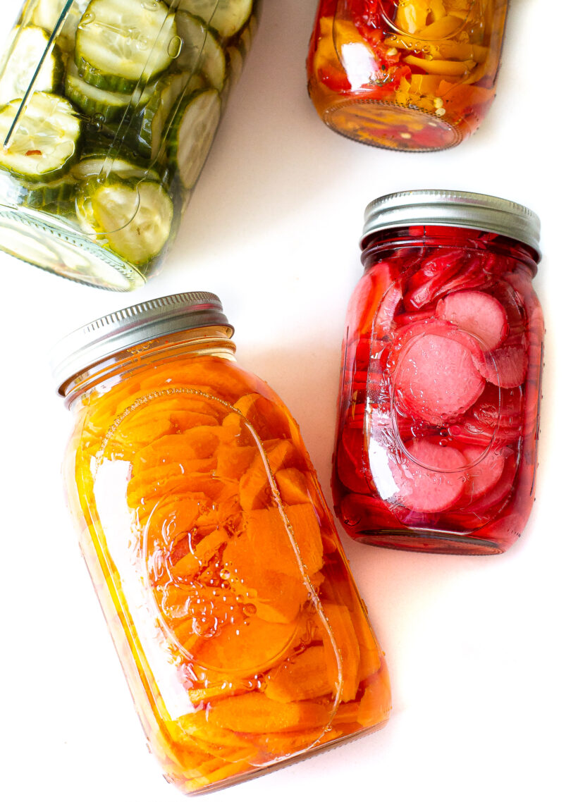 Pickled vegetables in mason jars.